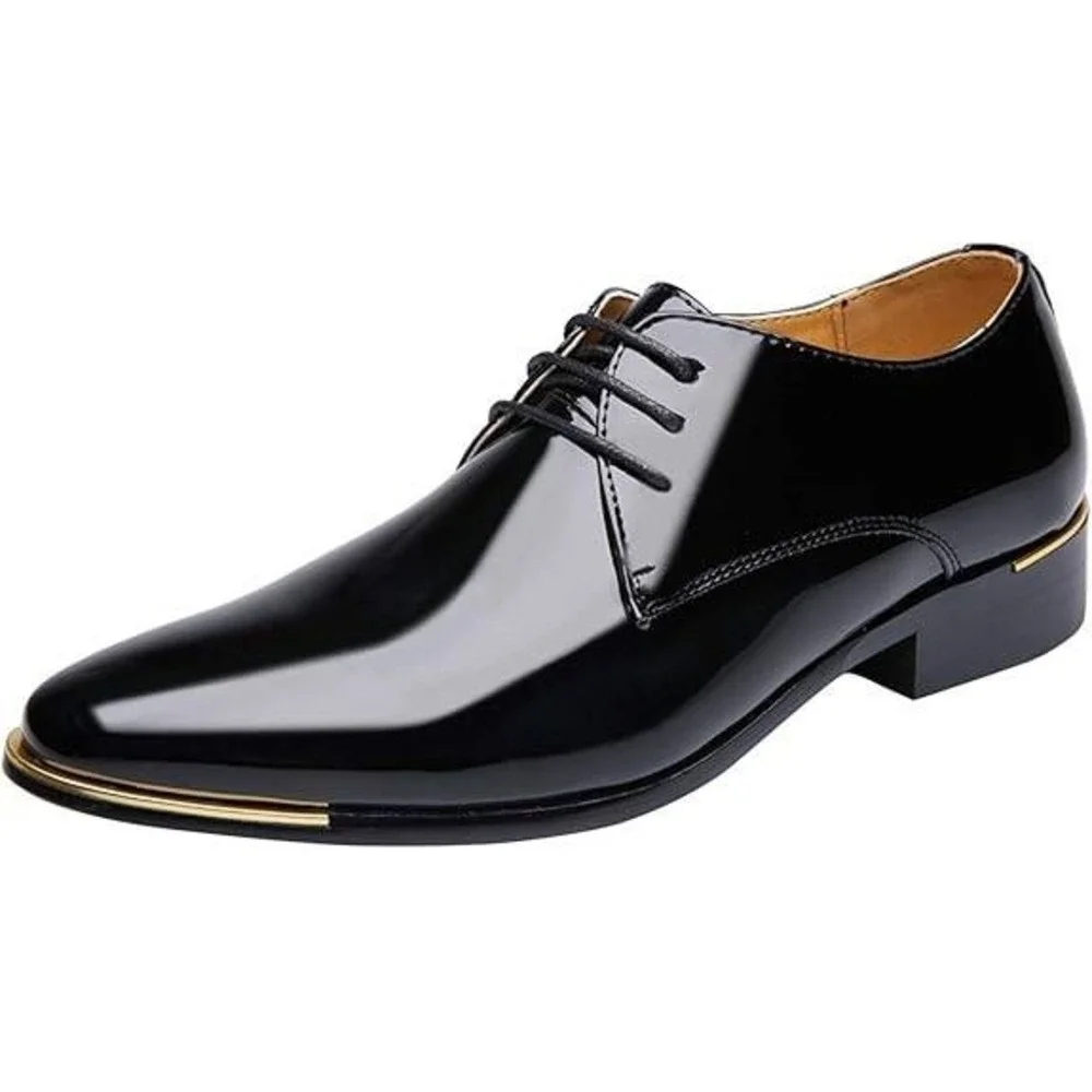 Santimon Men's US 8 Black Patent Leather Lace Up Pointed Toe Oxford Shoes